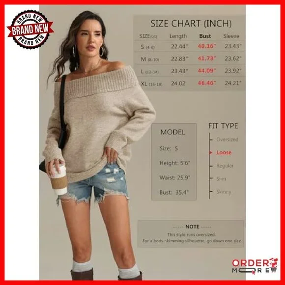 Oversized Off-Shoulder Pullover Sweater Batwing Sleeve Loose Fit - Picture 3 of 8